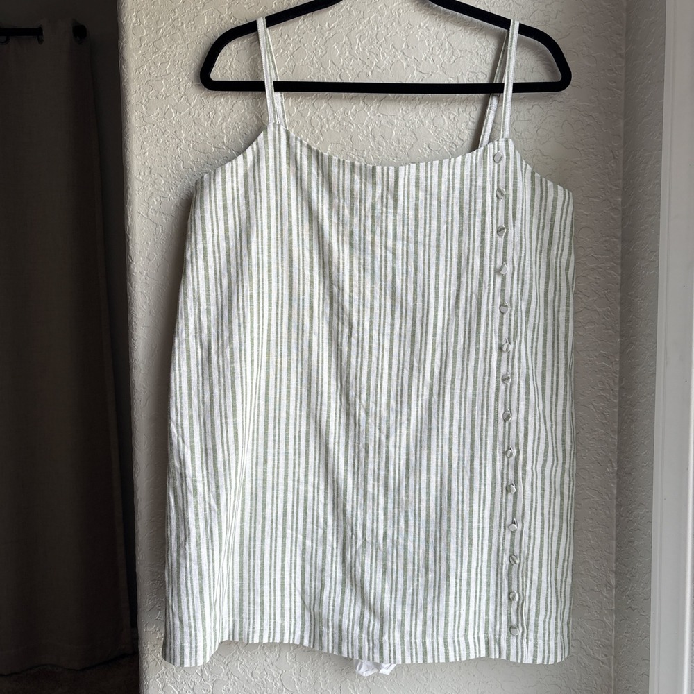 Abercrombie & Fitch Women Striped LP Romper Dress Green White Linen Blend Button